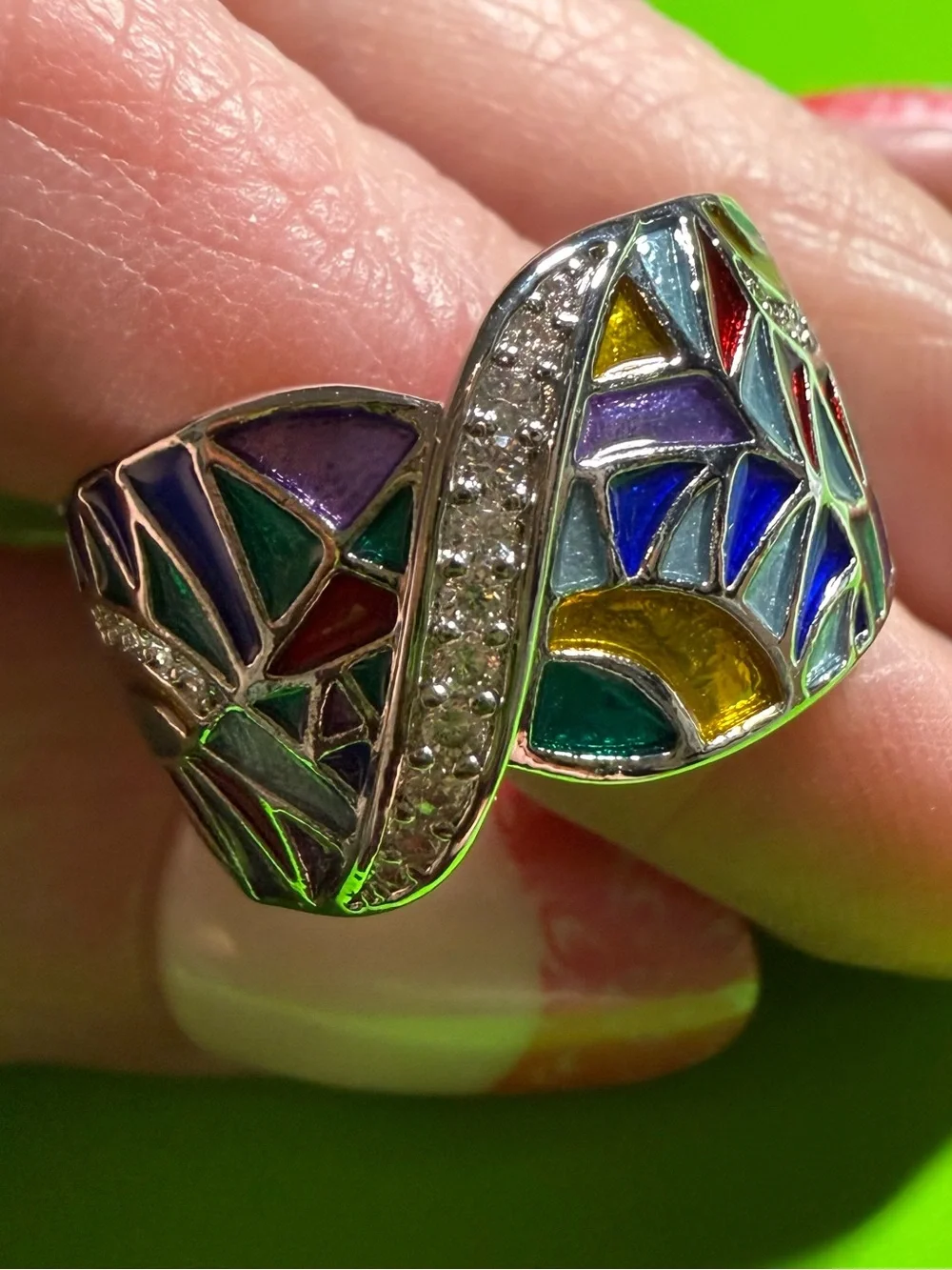 Sterling Silver Multicolor Enamel Mosaic Ring with CZ Accents - size 9 *NEW